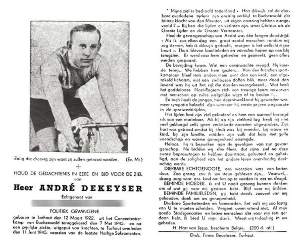 Totenzettel für André Dekeyser, vom Juni 1945. Neben einem Foto des Verstorbenen auf seinem Rennrad steht ein Nachruftext.