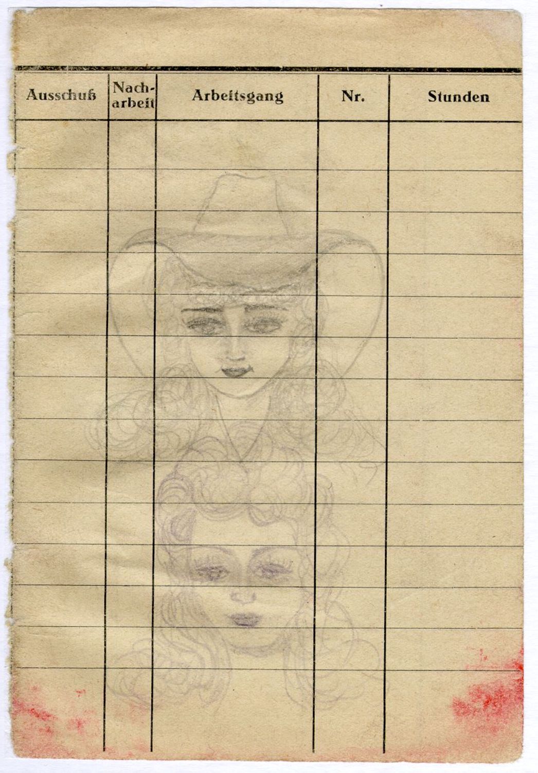 Die Zeichnungen zeigt zwei Mädchengesichter, Die geschminkten und gelockten Frauen Tragen prächtige Hüte. Die Zeichnung wurde auf einem Arbeitserfassungsbogen erstellt.