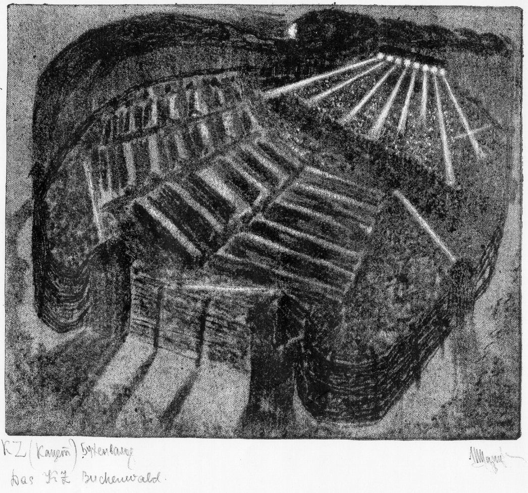 Das Bild zeigt eine Radierung, wobei aus einem großen Fleck aus Zeichenkohle, der Aufbau des Häftlingslagers Buchenwald radiert wurde. Überdeutlich sind die Lichtstrahlen der Scheinwerfer am Lagertor. 