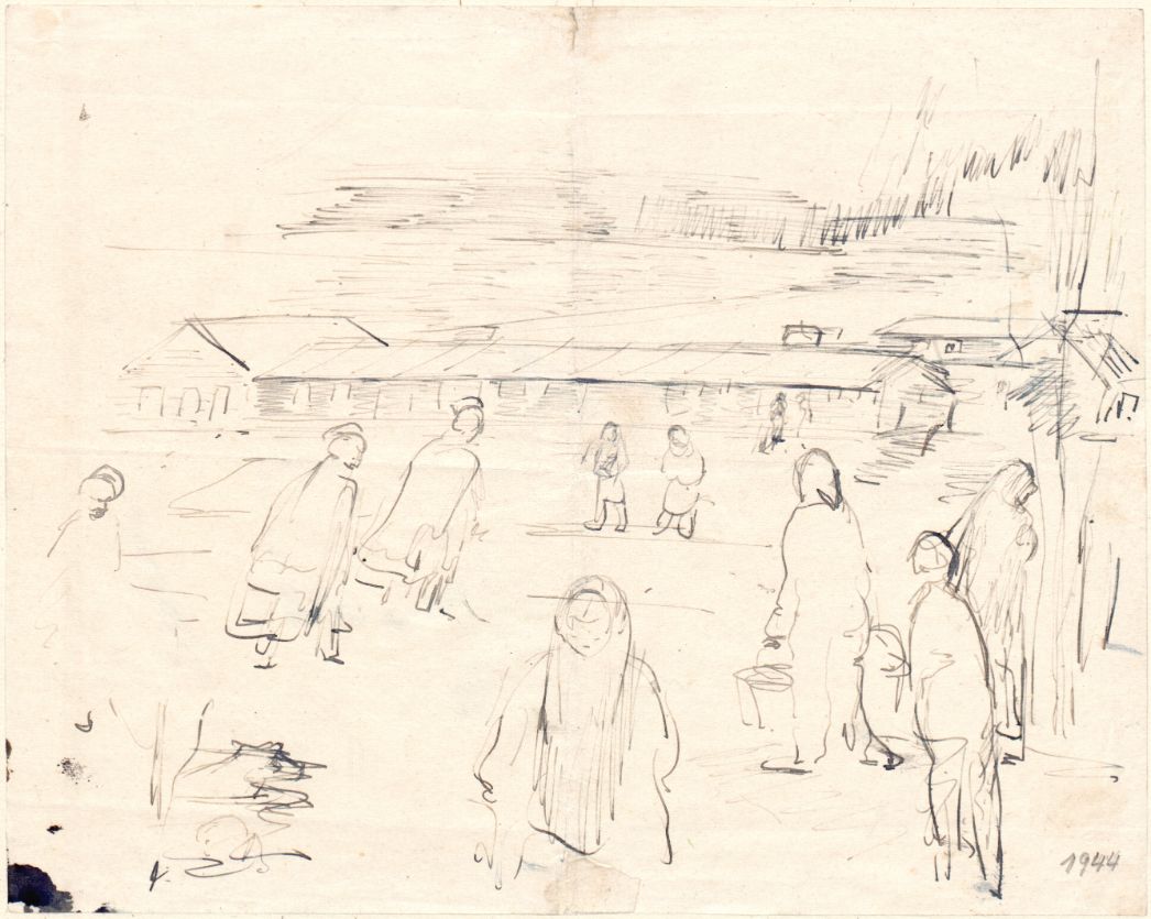 Die Zeichnung zeigt in groben Strichen Personen, die offenbar Baumaterialien - vielleicht Sand in Eimern - transportieren. Im Hintergrund sind Holzbaracken zu erkennen.