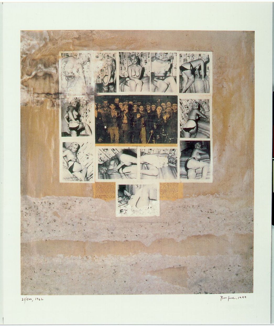 Das historische Foto im Zentrum dieser Collage zeigt Überlebende des KZ Buchenwald wenige Tage nach der Befreiung am 11. April 1945. Darum angeordnet sind Fotos von einem Pin-up-Girl in wechselnden Posen