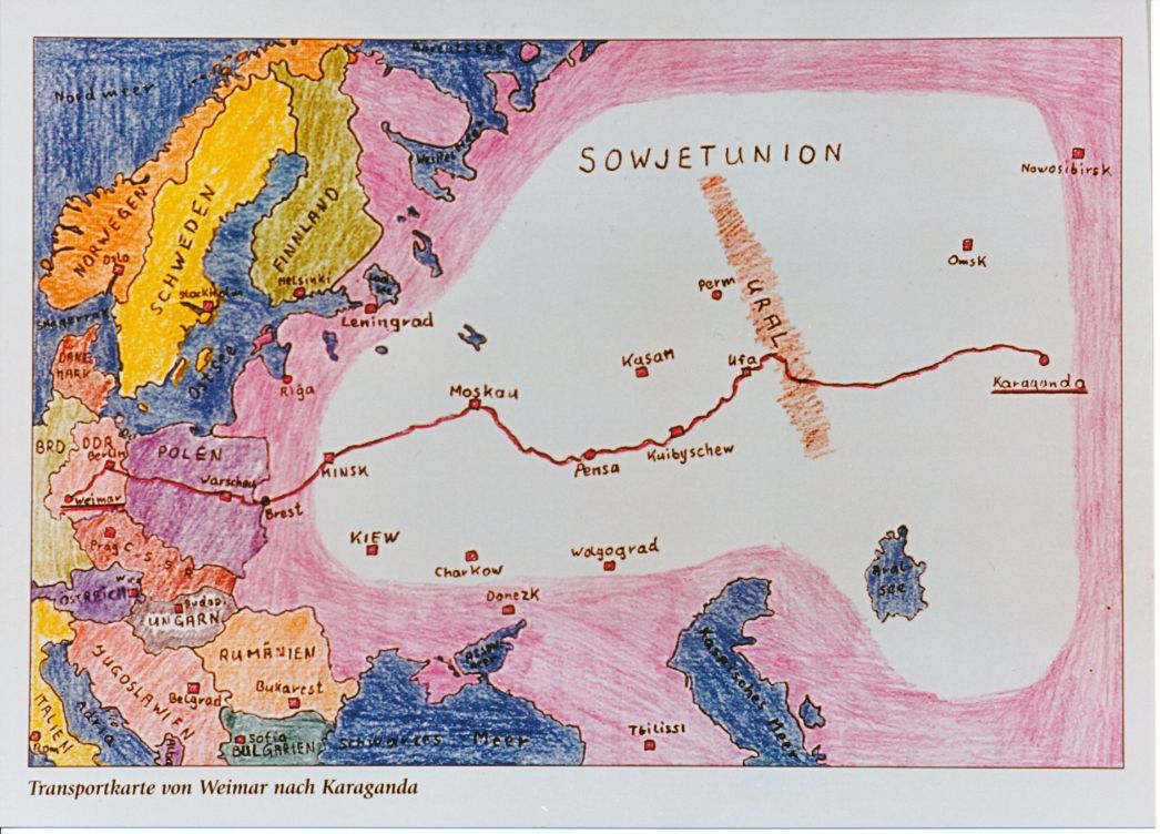 Das Bild zeigt eine selbstgezeichnete Karte von Hans Wagner die die Transportroute für Häftlinge des Speziallager Nr. 2 die nach Karaganda verschleppt wurden.