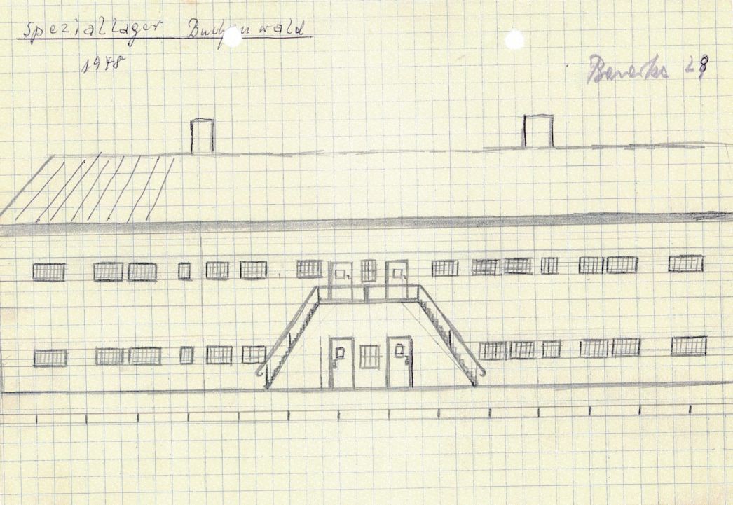 Drawing of a stone barrack on squared paper. At the top right, the drawing is labeled "Baracke 28". At the top left is written "Speziallager Buchenwald 1948". The schematic drawing shows a two-winged two-story building, with a two-sided exterior stairway in the center. The windows are small, with grilles indicated in front.