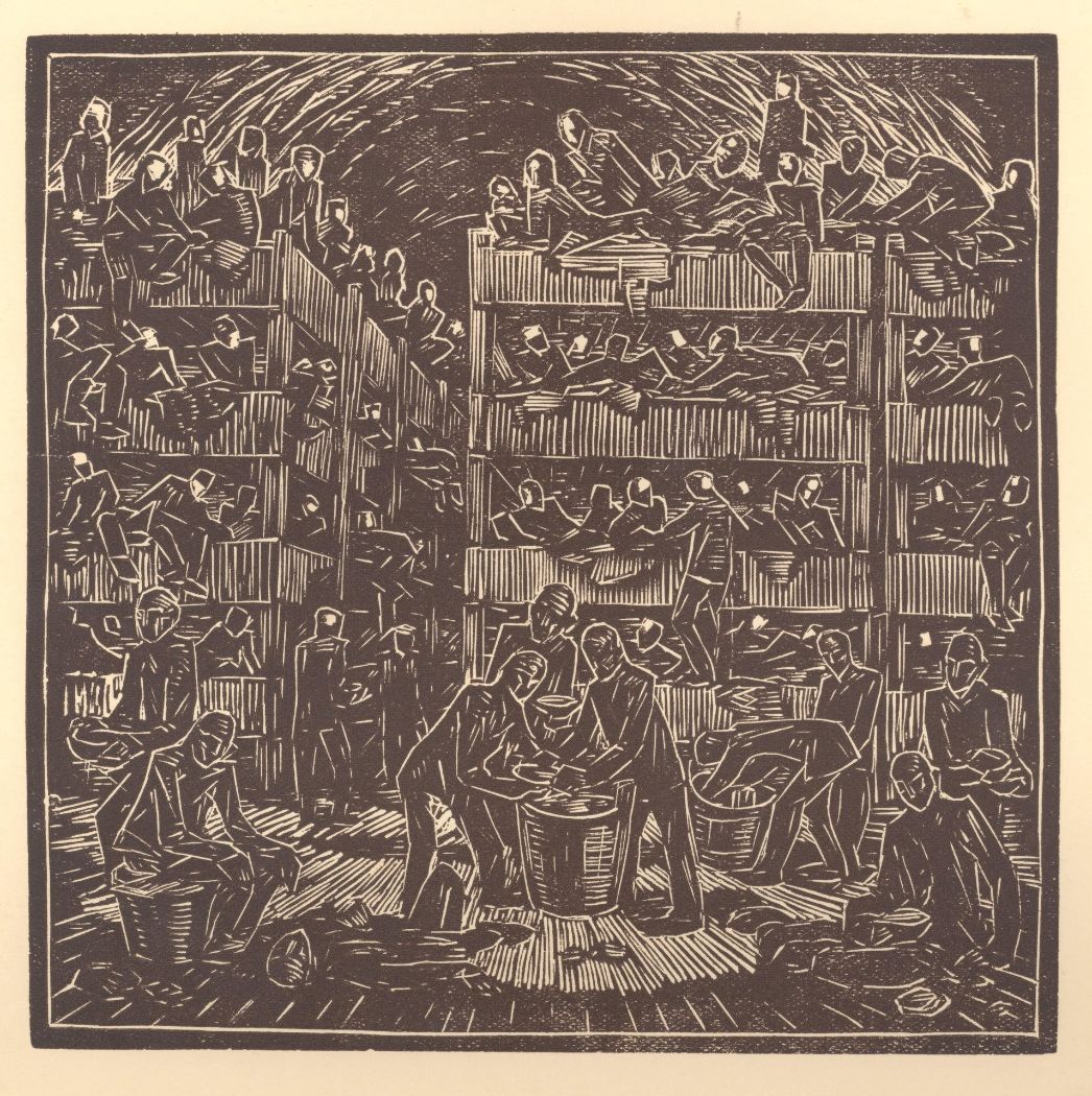 The woodcut shows the cramming of the prisoners on the cots, the narrowness and crowdedness in the tunnels. The people are drawn as silhouettes, without individual features; often only white dots mark their heads, the faces are not recognizable. From this quasi amorphous mass, individual situations are singled out by way of example: someone is defecating over a barrel, a dead man is lying in front of it, a man is scraping out a food bucket, another is eating on the floor.