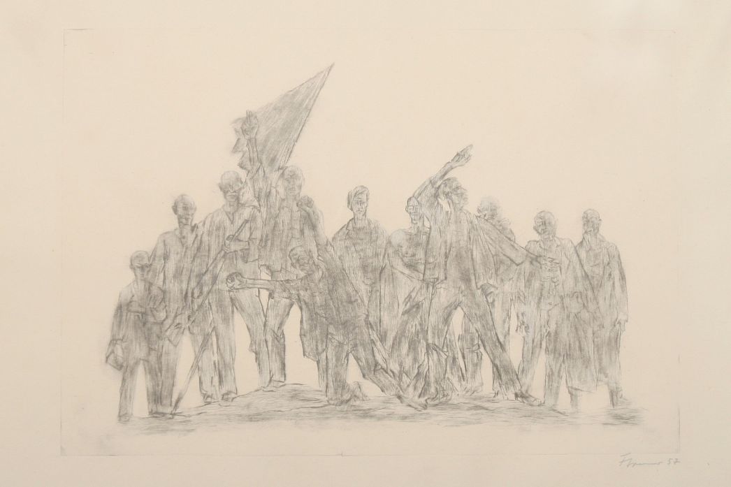 Zeichnung der Figurengruppe von Fritz Cremer. Im Vordergrund kniet einer mit erhobenen Armen. Dahinter strecken zwei weitere eine Hand in die Luft. Weitere dahinter tragen eine Fahne und Waffen.