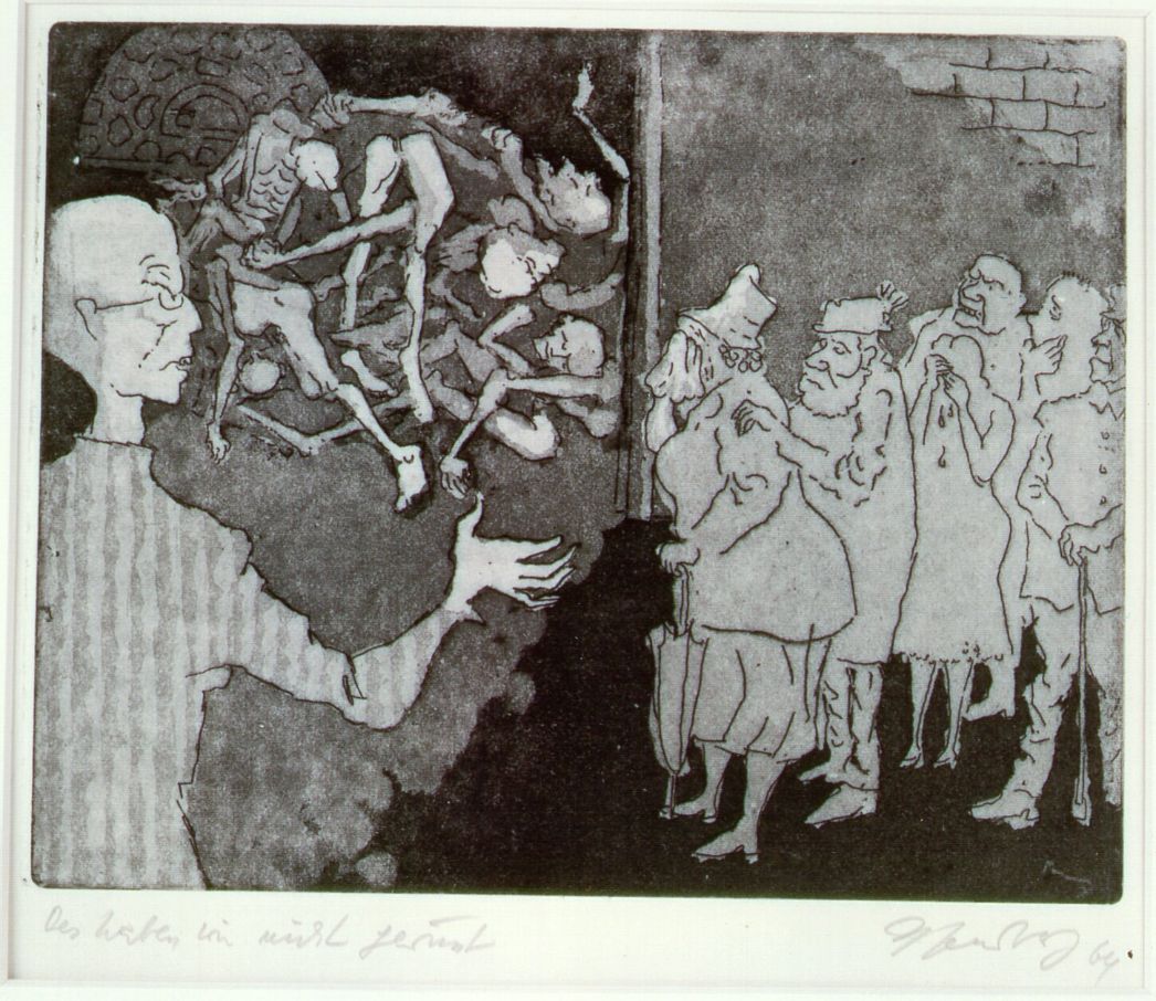 Ein Häftling an der Seite von Toten im Hof des Krematoriums. Links oben im Bild ist die Tür eines Ofens zu erkennen. Mit ausgestreckter Hand fordert er die Besucher auf, sich den Beweisen der Verbrechen zu stellen - den ausgemergelten Leibern näher zu treten. Die Bürger, wohl genährt und wohl gekleidet, sind mit spitzer Feder gezeichnet. Schrecken ist ihnen ins Gesicht geschrieben.