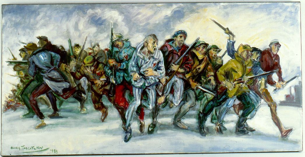 Eine farbige Zeichnung bewaffneter Häftlinge, die kampfbereit nach vorn stürmen.