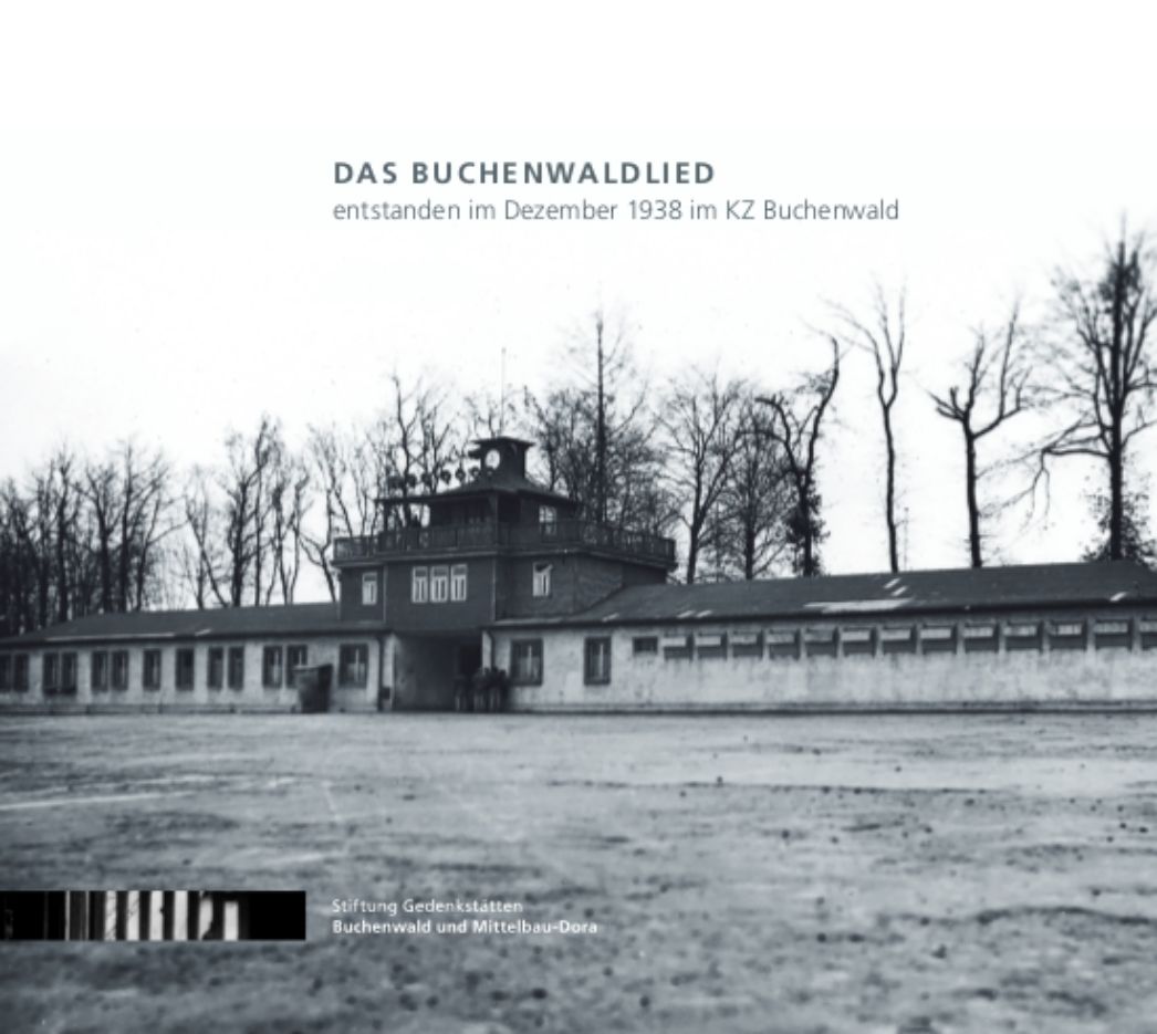 The photo shows the cover of the published CD "The Buchenwald Song". On it you can see the camp gate from the inside view in black and white.