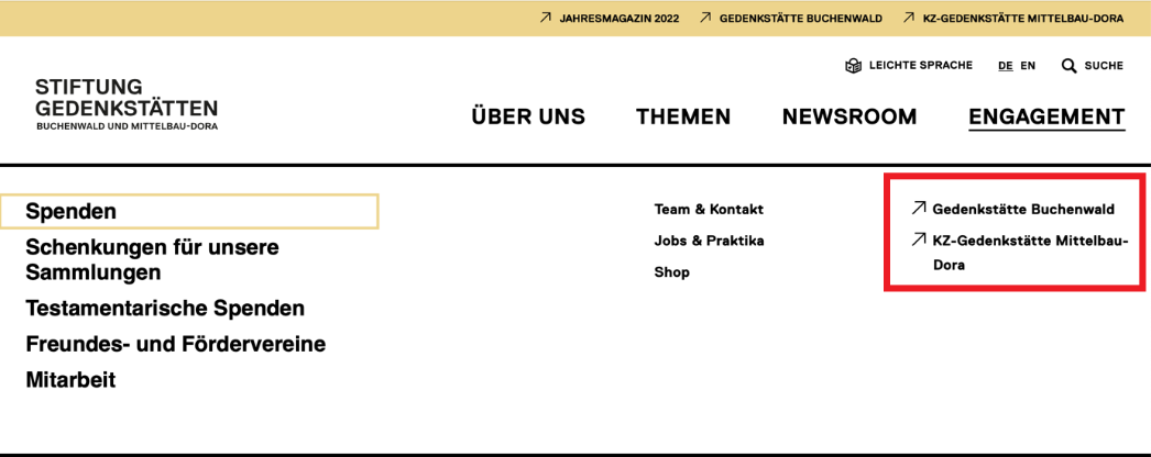 Aufgeklapptes Menu mit einem roten Kasten um die Verlinkungen der beiden anderen Websites