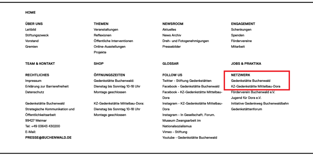 Seitenende mit einem roten Kasten um die Verlinkungen zu den zwei anderen Websites.