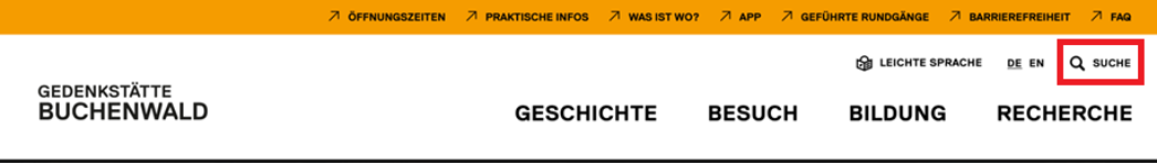 Kopfzeile mit einem roten Kasten um das Wort "Suche"
