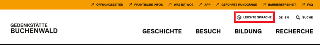 Kopfzeile mit einem roten Kasten um das Leichte Sprache Symbol