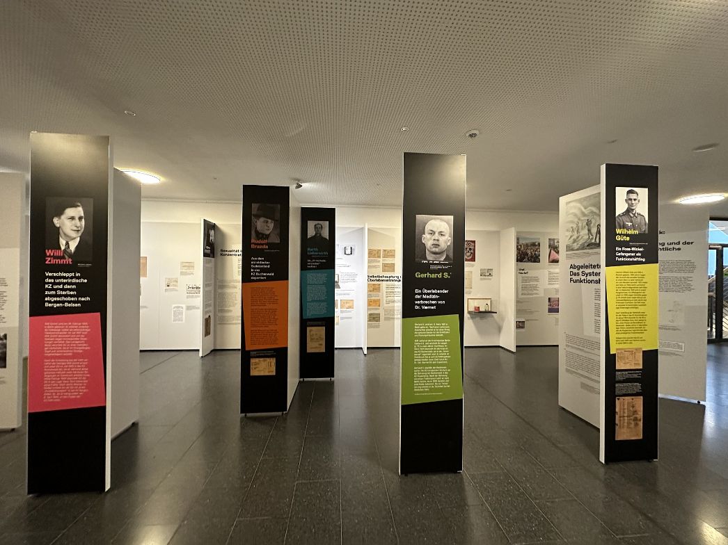 Die Abbildung zeigt fünf Aufstellungsstelen der Ausstellung „Rosa Winkel". 