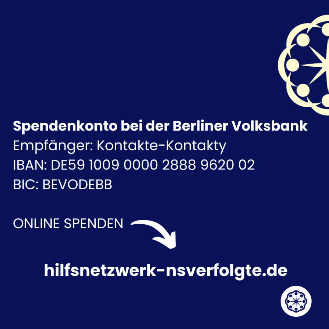Die Abbilung zeigt die Kontodaten des Spendenkontos des Hilfsnetzwerk NS-Verfolgte in der Ukraine. Die Iban lautet: DE59100900002888962002.