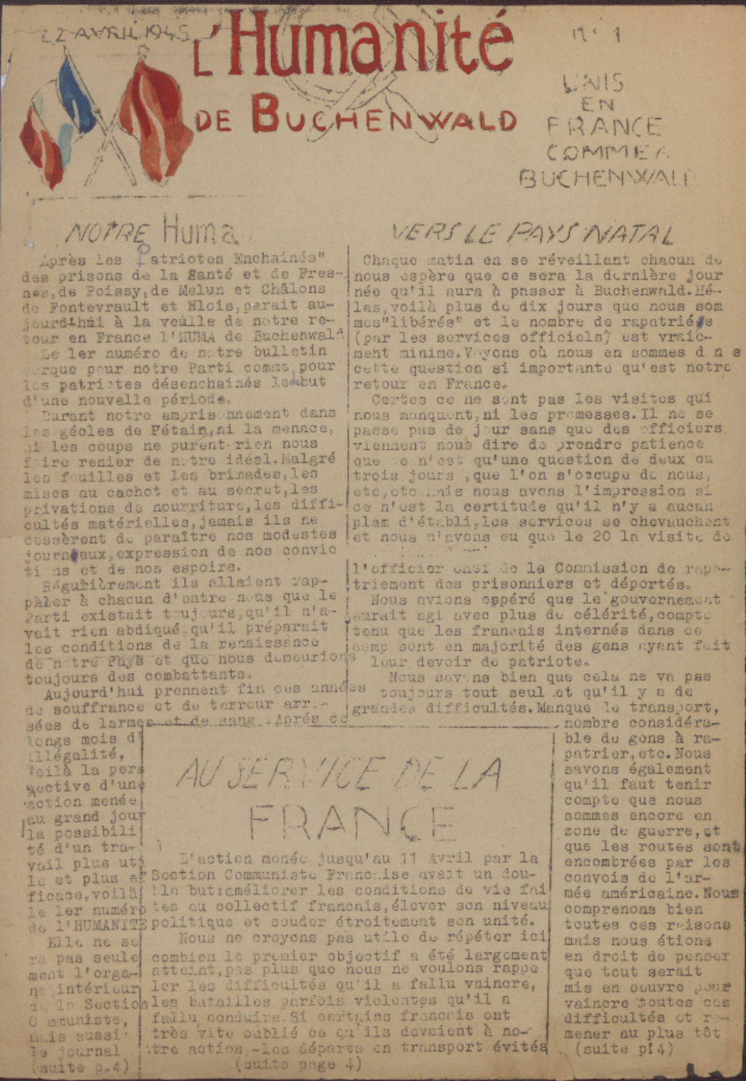Lagerzeitung der französischen Kommunisten: „L’Humanité de Buchenwald“, Nr. 1 vom 22. April 1945