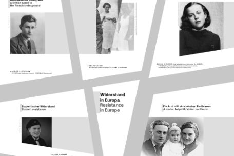 Grafik zu den Biografien "Widerstand in Europa" mit Fotos und Hinweis auf die Widerstandstat.