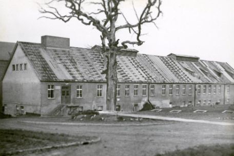 Building of the prisoners' laundry. A long, two-story building of the simplest architecture with a high gable roof. In the foreground the leafless Goethe oak.