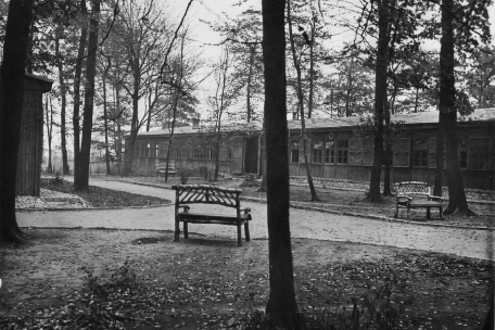 The picture shows the area between two barracks in the Fichtenheim special camp. The picture shows three park benches that were placed at the edge of the path between the barracks.