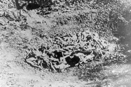 Aufgestapelte Leichen verstorbener Häftlinge in einem offenen Massengrab südlich vom Bismarckturm. Die menschlichen Gestalten sind ineinander verschränkt und kaum auseinanderhalten zu können. 