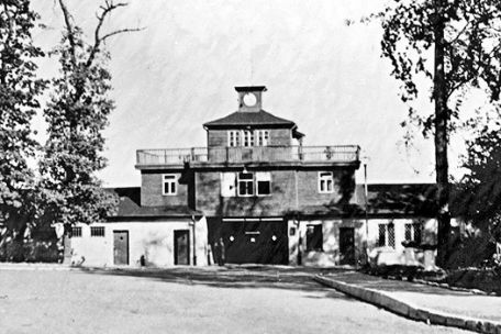 View of the gate of Special Camp No. 2. the gate of the former Buchenwald concentration camp is almost unchanged, but the barred iron gate is boarded up. the SS lettering: "To each his own" is thus obscured."
