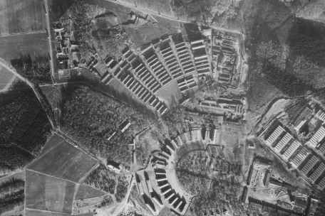 Aerial view of Buchenwald concentration camp from high altitude.