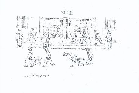 Eine Zeichnung mit der Überschrift Küche. Hinter offenen Türen arbeiten Menschen an Trögen. Davor tragen Weitere zu zweit offene Fässer.