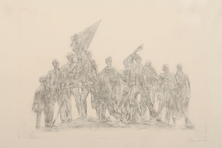 Zeichnung der Figurengruppe von Fritz Cremer. Im Vordergrund kniet einer mit erhobenen Armen. Dahinter strecken zwei weitere eine Hand in die Luft. Weitere dahinter tragen eine Fahne und Waffen.