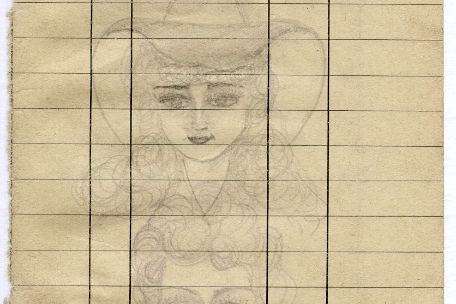 Die Zeichnungen zeigt zwei Mädchengesichter, Die geschminkten und gelockten Frauen Tragen prächtige Hüte. Die Zeichnung wurde auf einem Arbeitserfassungsbogen erstellt.