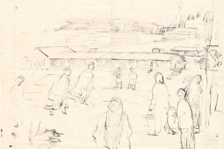 Die Zeichnung zeigt in groben Strichen Personen, die offenbar Baumaterialien - vielleicht Sand in Eimern - transportieren. Im Hintergrund sind Holzbaracken zu erkennen.
