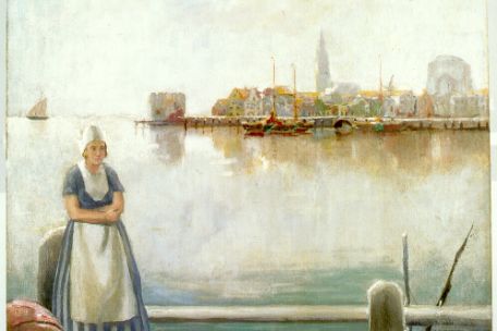 Das Gemälde zeigt einen Seehafen mit Landungsstegen, Kahn und aussegelndem Boot, mit einer im Dunst von Wasser und Wolken verschwimmenden altholländischen Stadtsilhouette aus dem 17. oder 18. Jahrhundert. Eine in holländische Tracht gekleidete Frauengestalt im Vordergrund.