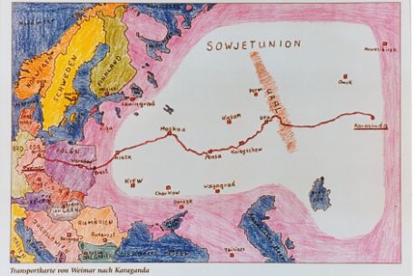 Das Bild zeigt eine selbstgezeichnete Karte von Hans Wagner die die Transportroute für Häftlinge des Speziallager Nr. 2 die nach Karaganda verschleppt wurden.
