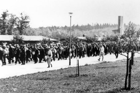 Auf einer Strasse wandern bepackte Häftlinge. Um sie herum im Abstand von einigen Metern bewaffnete SS-Wachleute.