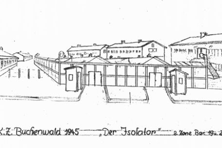 Drawing of the isolator. A separately fenced zone with barracks. The fence is high and opaque. Two small guard houses stand at two adjacent entrances. Directly behind the fence the roofs of flat barracks, behind them three larger multi-storey houses. Under the drawing is the writing: "K.Z. Buchenwald 1945 - The Isolator - 2nd Zone, Barracks 19 and 20".