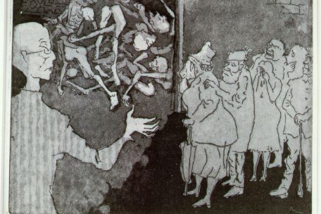 Ein Häftling an der Seite von Toten im Hof des Krematoriums. Links oben im Bild ist die Tür eines Ofens zu erkennen. Mit ausgestreckter Hand fordert er die Besucher auf, sich den Beweisen der Verbrechen zu stellen - den ausgemergelten Leibern näher zu treten. Die Bürger, wohl genährt und wohl gekleidet, sind mit spitzer Feder gezeichnet. Schrecken ist ihnen ins Gesicht geschrieben. 