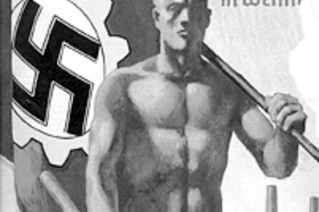 Ein stilisierter, muskulöser Mann trägt eine Hakenkreuzflagge. Dahinter der Schriftzug "Gustloff-Werk Weimar"