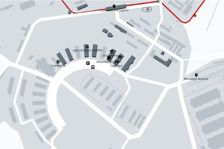 The graphic shows the service card application. In the center of the image is the parking lot of the Buchenwald Memorial.