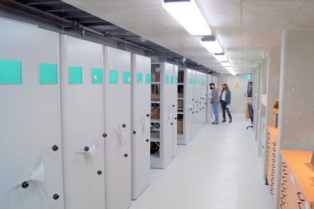 A long row of shelves in the deep magazine