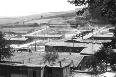 View from the north over the former prisoner camp, clearly visible is the camp kitchen with the chimneys.