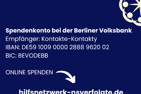 Die Abbilung zeigt die Kontodaten des Spendenkontos des Hilfsnetzwerk NS-Verfolgte in der Ukraine. Die Iban lautet: DE59100900002888962002.
