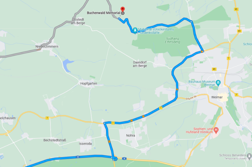 Abgebildet ist eine Google-Maps-Route zur Gedenkstätte Buchenwald von der Autobahn auch Richtung Erfurt. 