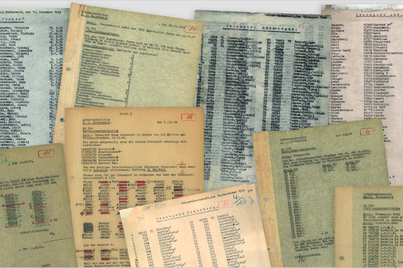 On display is a collage of various files from the labour statistics of the Buchenwald concentration camp.